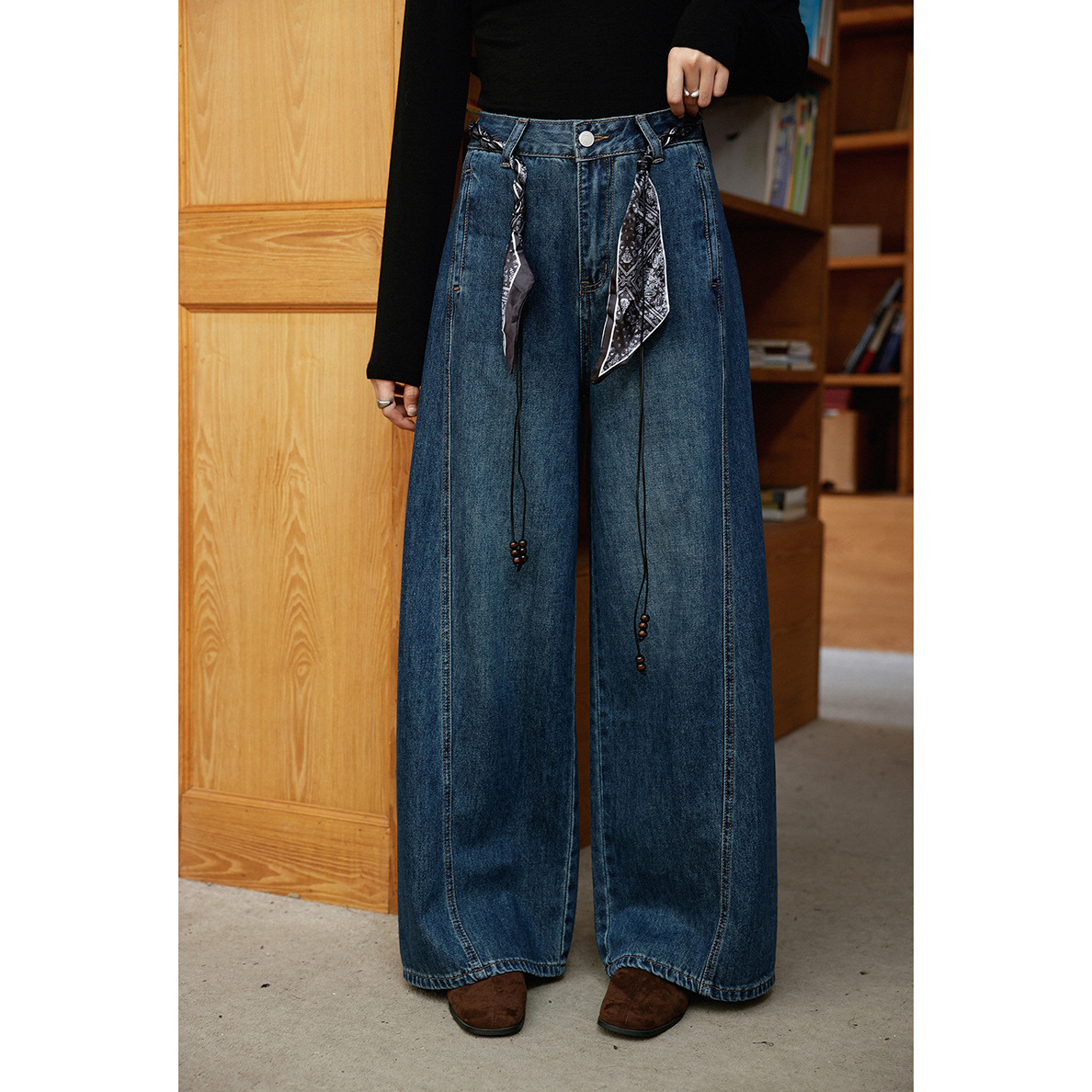 【长腿公式 腰果花丝巾腰带】歌铭秋季新款阔腿直筒牛仔裤女N591C