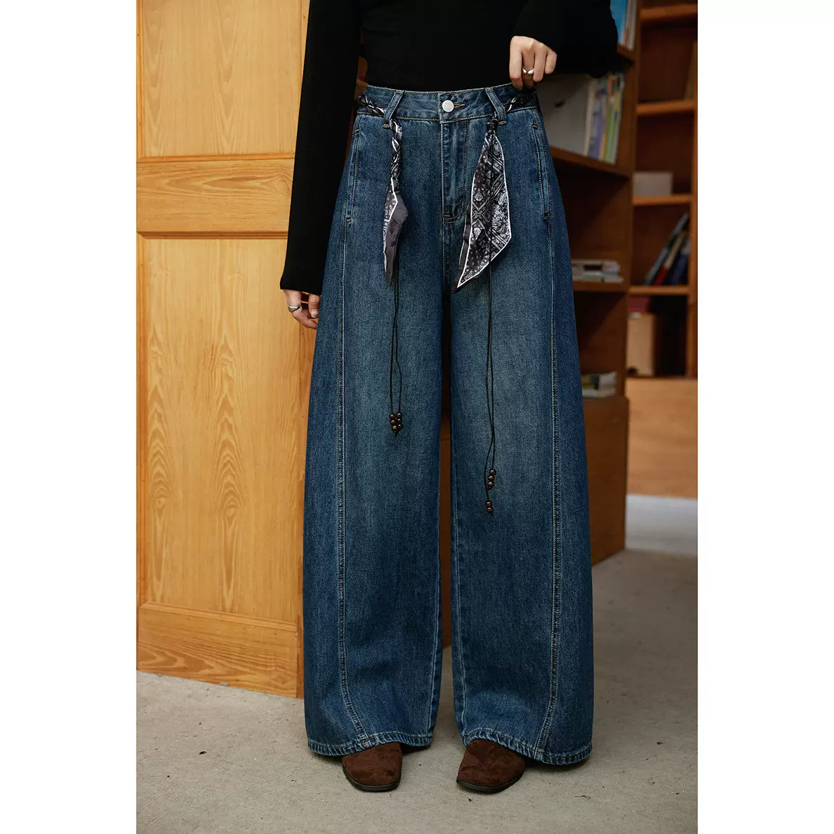 【长腿公式 腰果花丝巾腰带】歌铭秋季新款阔腿直筒牛仔裤女N591C