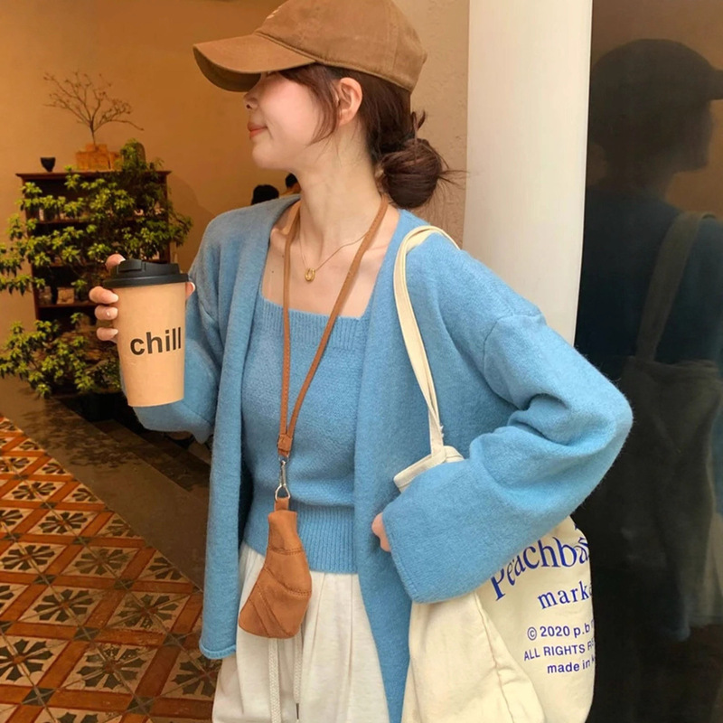 Blue Long-Sleeved Soft Waxy Knitted Cardigan for Women Autum 2025 New Korean Style Loose Lazy Style Sweater Jacket Top