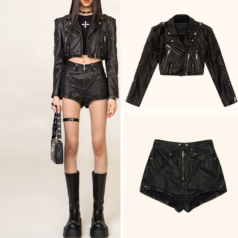 Smkk Wilderness Motorcycle Washed Sheepskin Short Jacket Cross Vintage Zipper Short Leather Coat Women's High Waist Leather Shorts