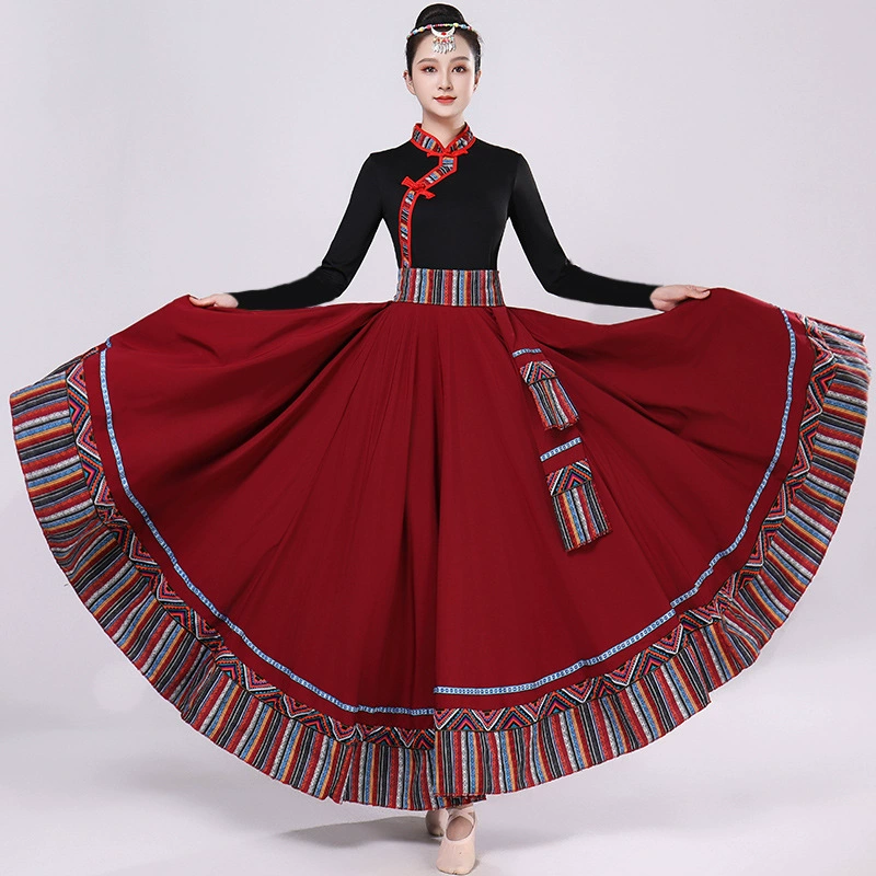Тибетская танцевальная одежда для женщин, одежда для квадратных танцев для взрослых, новый комплект с юбкой средней длины с большим подолом, Тибет.