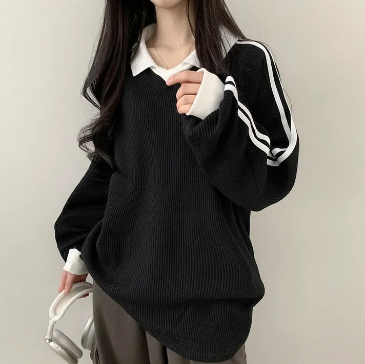 黑色华夫格韩版polo领复古2024年新款春秋冬季潮牌薄款加绒卫衣女