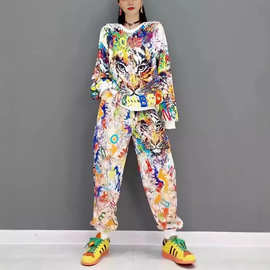 泰国潮牌2024秋季新款时尚套装老虎头印花宽松休闲运动两件套女装