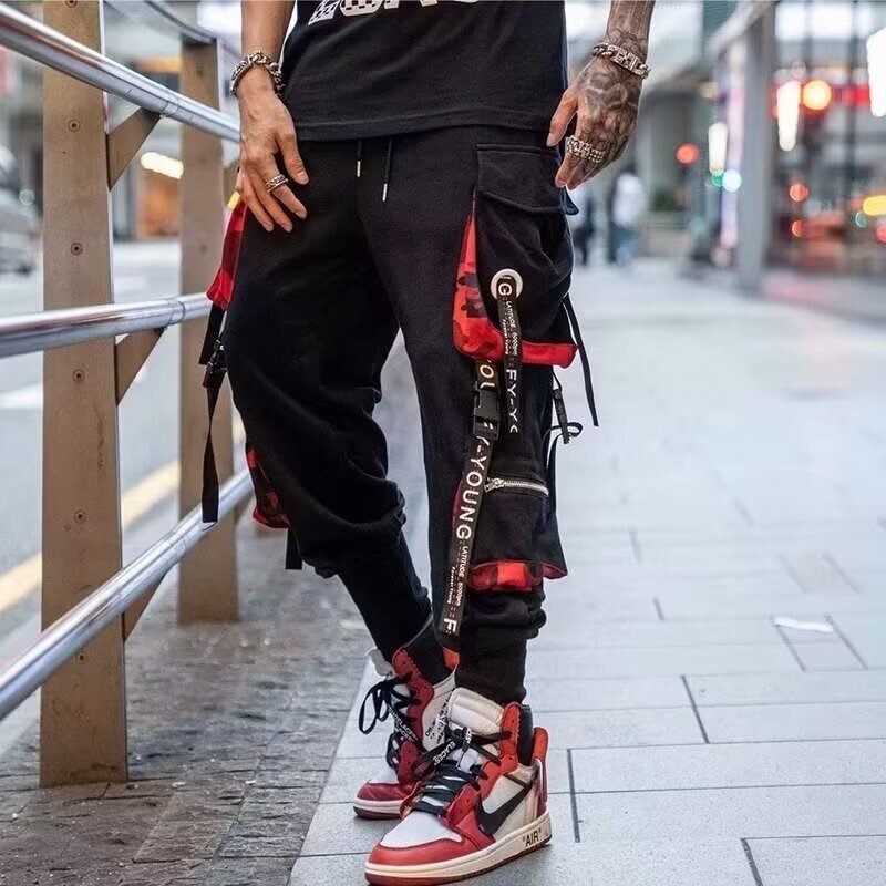 Street Personality Hip-Hop Fashion Brand Loose Sports Function Crane Pants Men's Letters Large Pocket Casual Rainbow Pants
