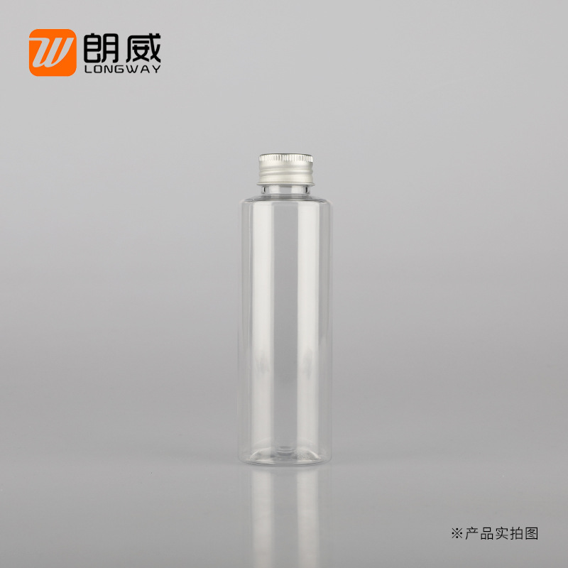 Langwei 150ml hombro plano plata botella de tapa de aluminio botella de plástico cosmético sub-embalaje puro botella de rocío PET botella de tapa de aluminio