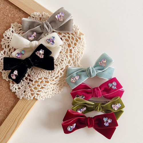 New retro elegant irregular velvet diamond bow children's side clip hair accessories headwear