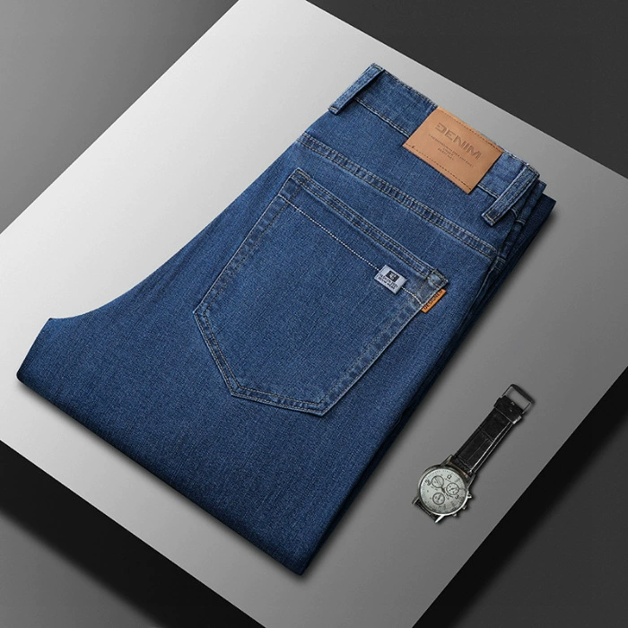 Elite demi-season loose straight jeans, blue casual trousers for leisure, loose fit, autumn