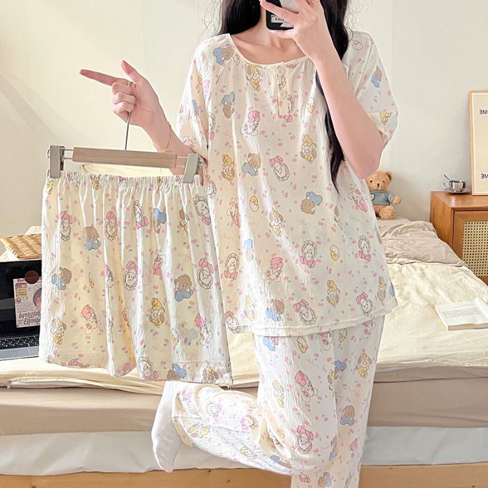 Verano nuevo estilo nube algodón tres piezas doble botón pantalones cortos de manga corta pantalones ropa a domicilio ropa a domicilio traje de pijama de mujer ropa a domicilio