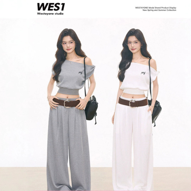 4.13 New Product Westayone Waffle Knit Off-Shoulder Short-Sleeved T-Shirt Women's Casual Suit + Wide-Leg Pants