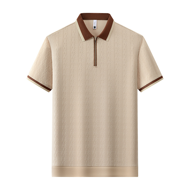 Hombres de mediana edad clásicos de color sólido semia cremallera solapa polo camiseta jacquard rayas de verano nuevo hombre camiseta de manga corta