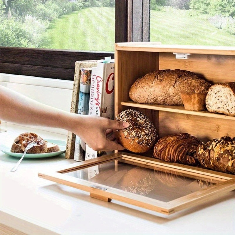 竹家庭用キッチン二層パンボックス透明ガラス正方形パンボックスデスクトップ調味料収納ボックス|undefined