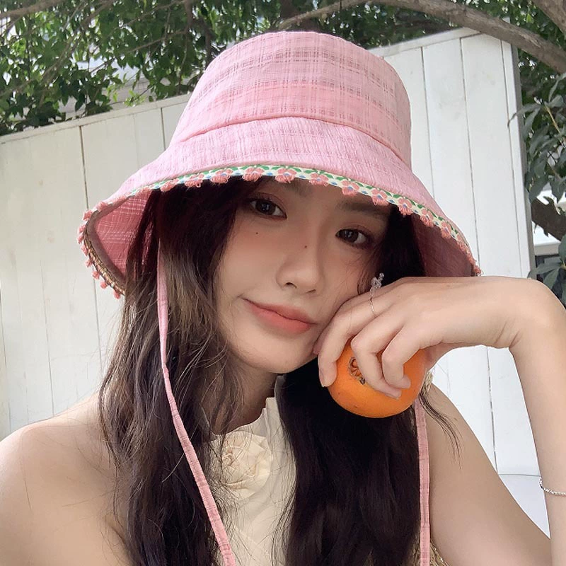 Sweet and cute lace blue fisherman hat women's spring and summer sunshade and sun protection basin hat outdoor large brim hiking hat trendy