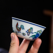 手绘斗彩鸡缸杯 景德镇陶瓷品茗杯 仿成化青花粉彩一体主人杯茶碗