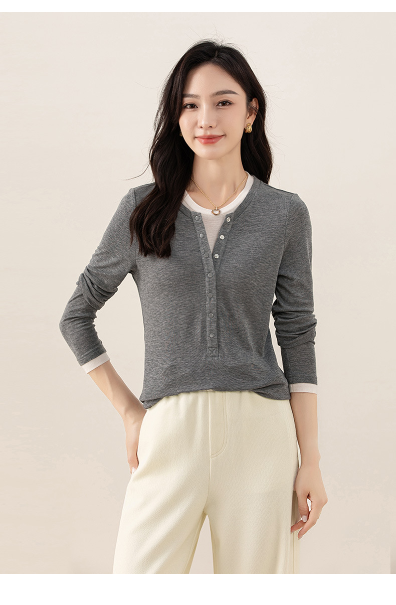 Áo thun giả hai mảnh nữ cổ tròn, chất len Tencel mỏng nhẹ, phối màu patchwork — đen chi tiết 27
