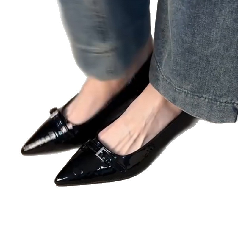 羊皮版~尖头法式单鞋女绝美不累脚坡跟晚晚鞋玛丽珍通勤黑色鞋子|undefined