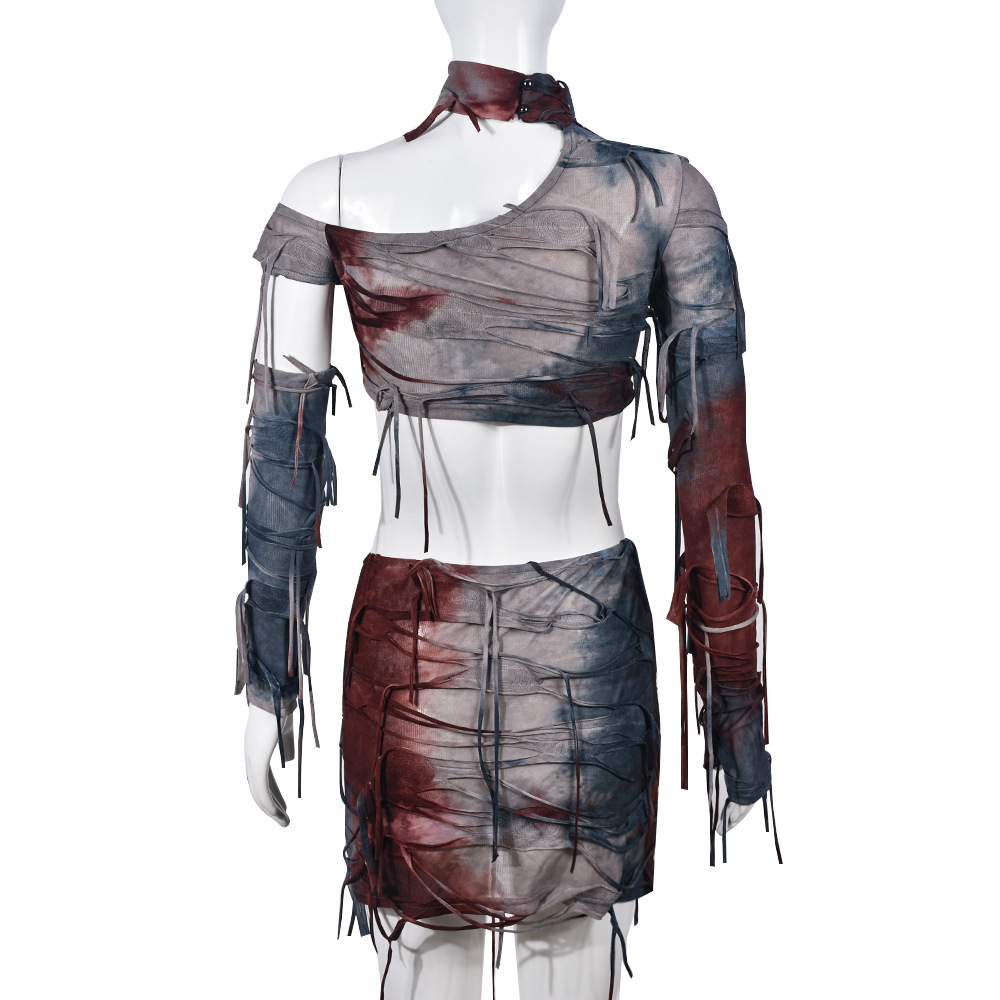 Tassel Ripped Contrast Color Sexy Cropped Tie Dyed Wansheng Set for Women