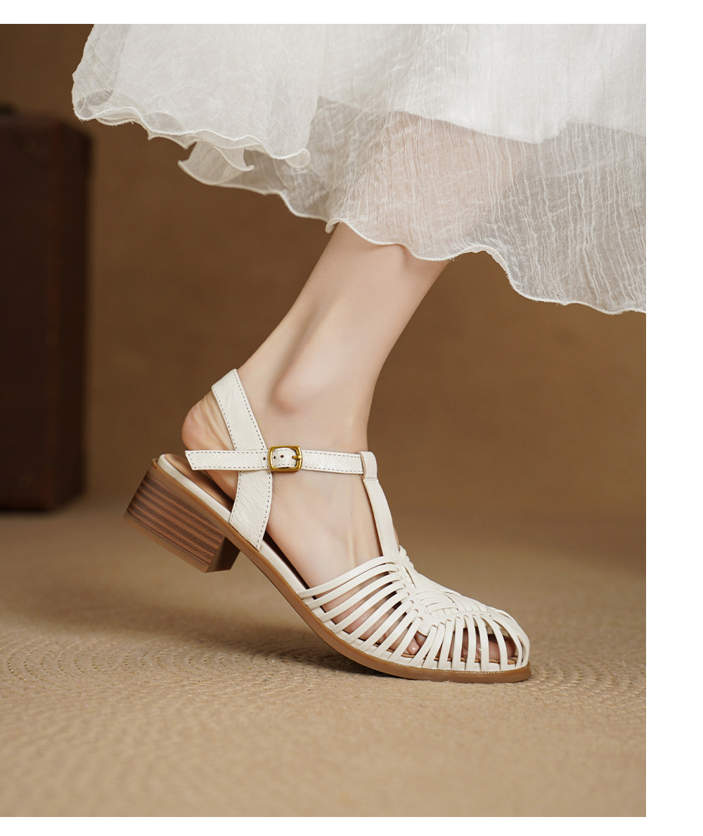 Sandal nữ quai ngang T-clasp gót thấp 4 cm phong cách vintage dệt rỗng — đen chi tiết 14