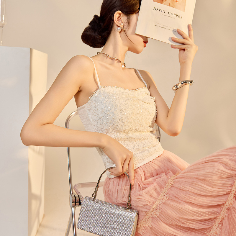 New Style Sequin Pure Desire Style Hot Girl Tank Top Women's Retro High-End Lace Beaded Design Camisole N9010