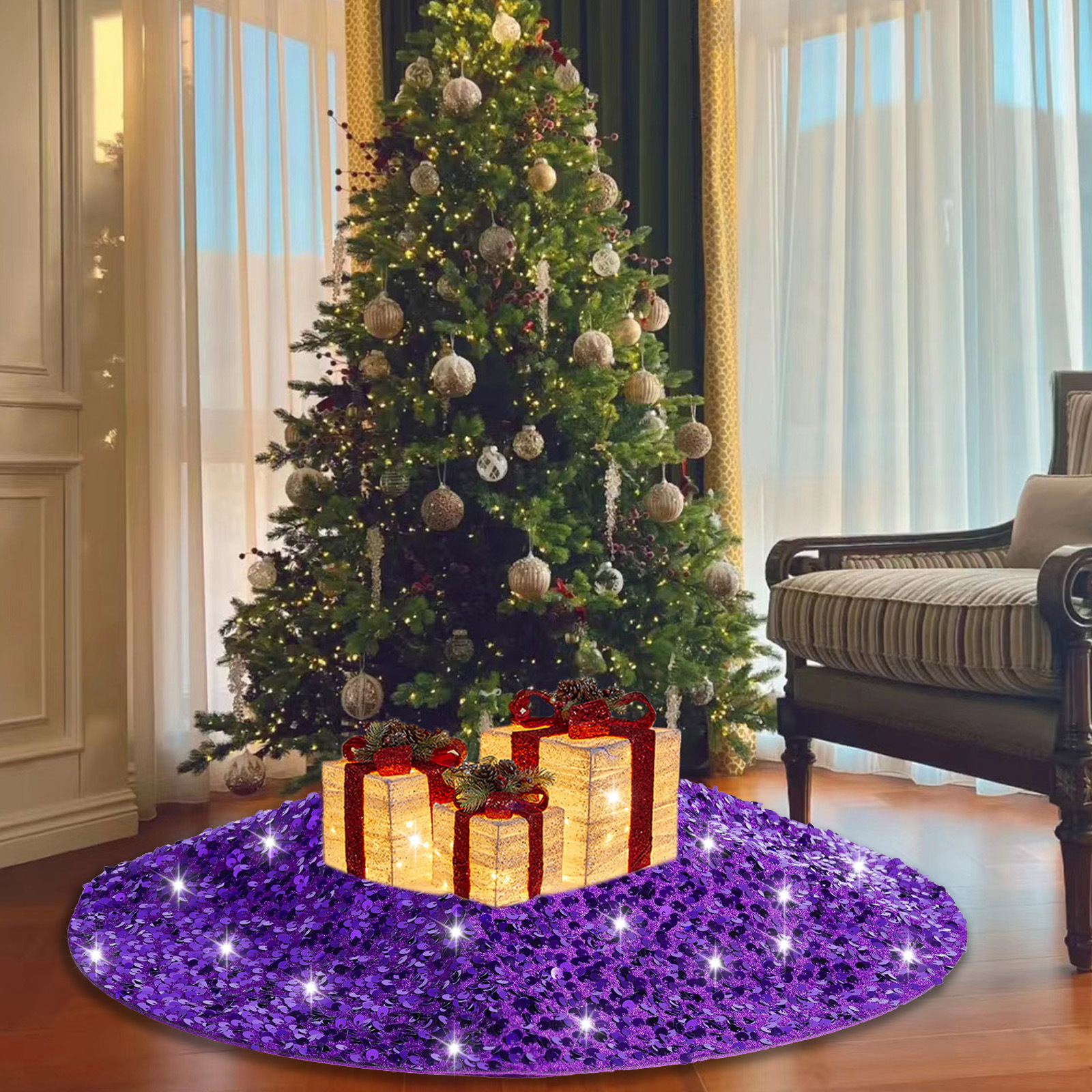 Navidad transfronteriza de alta calidad brillante falda de árbol delantal creativo púrpura accesorios de árbol de Navidad decoraciones navideñas