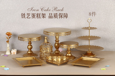 Decoración de mesa de postres de boda de oro, estante de pastel europeo, propósitos de boda, bandeja de pastel de encaje, estante de refrigerio de hierro forjado, 12 juegos