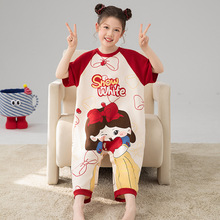 春夏新款女童亲子季纯棉连体儿童家居服连体衣短袖圆领卡通睡衣