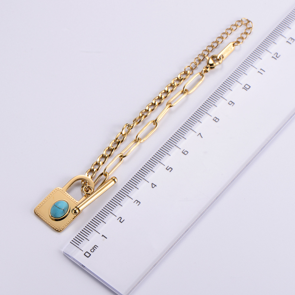 Stainless Steel Jewelry Wholesale New Light Luxury Creative Inlaid Turquoise Lock Bracelet display picture 1