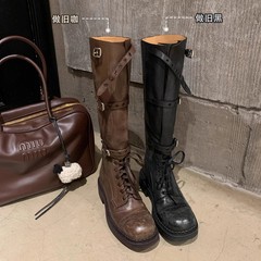 牛皮~葡萄妈同款真皮靴子系带厚底马丁靴长筒靴女粗跟长靴骑士靴