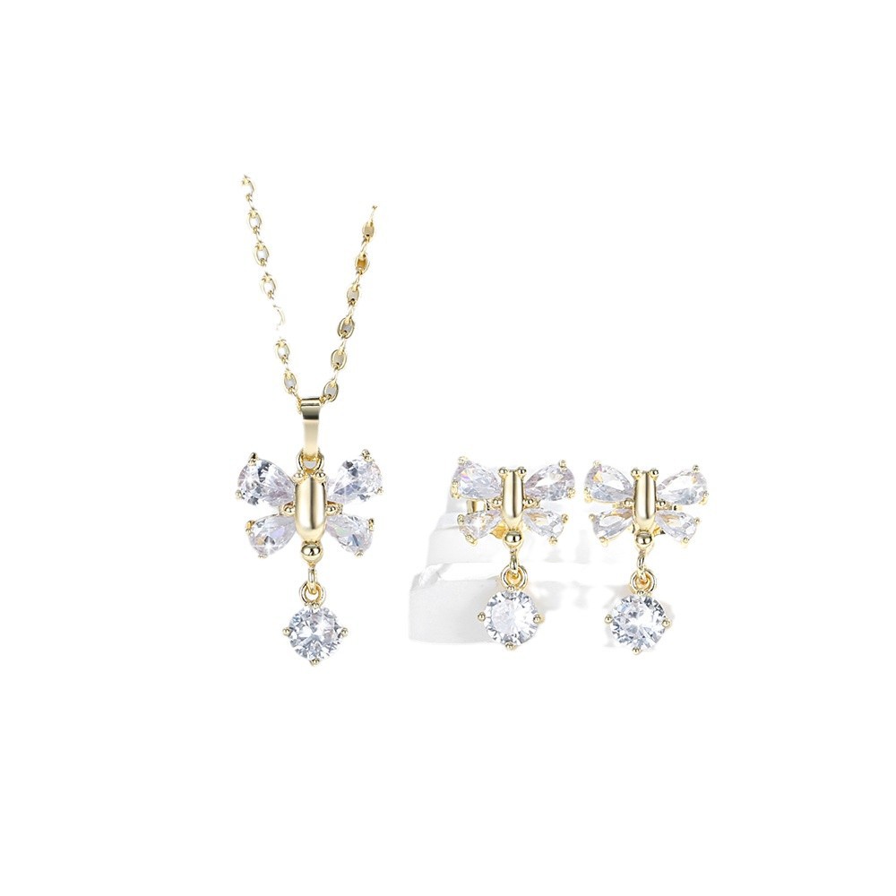 Transfronterizos de alto nivel sensación colgante mariposa conjunto de joyería de moda cobre 14K oro de color de cuentas de aretes de zircon collar