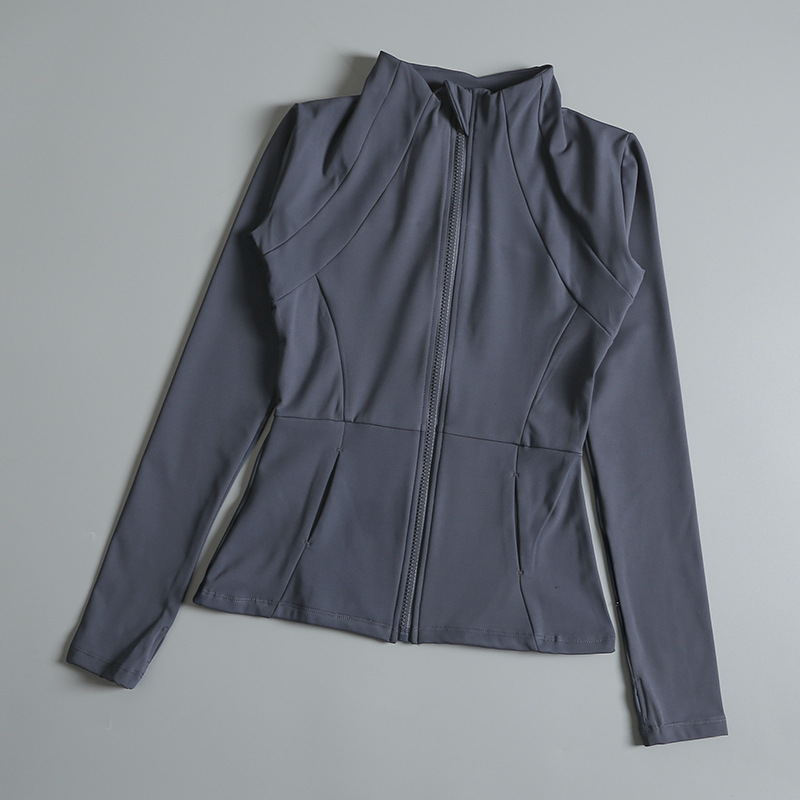 Slim fit sportvest voor dames, lente/herfst, lange mouwen, ritssluiting, opstaande kraag, ademend, geschikt voor fitness, hardlopen en bescherming tegen de zon._voghion.com