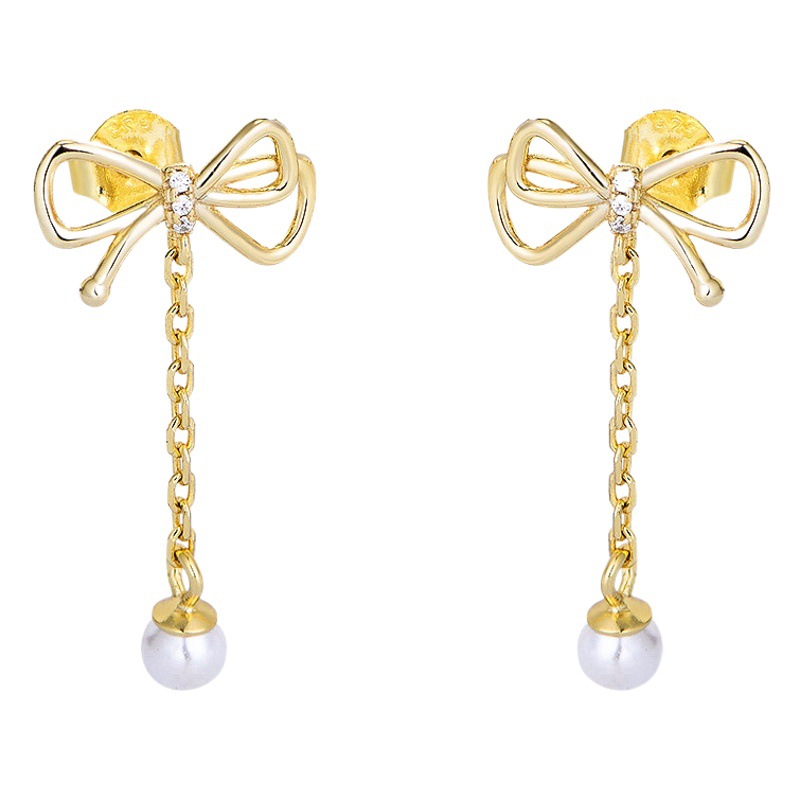 Súper Hada borla arco perla pendientes de las mujeres elegante luz de lujo de alto grado de plata esterlina pendientes de joyería de oído de Europa y América al por mayor