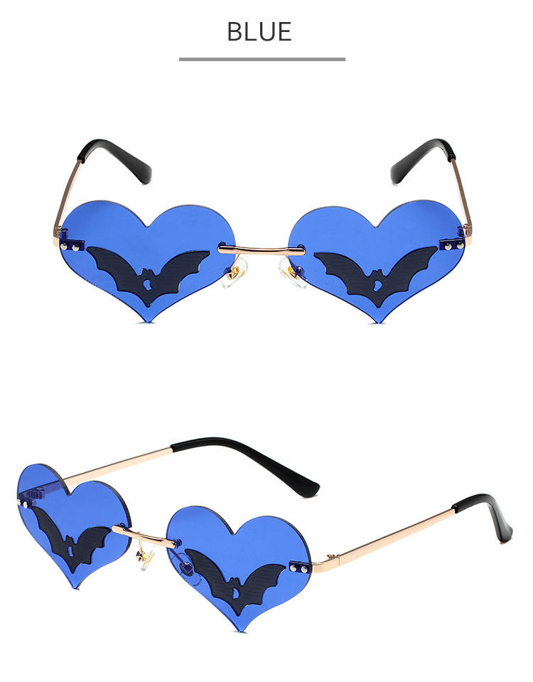36g Weight Frameless Glasses Structure Sunglasses Classification PC, UV400 Protection Lens Material Special-Shaped Mirror Glasses Style Daily, Street Occasion Halloween Festival Heart Shape, Bat Pattern Unisex Gender Streetwear Style Black Color Streetwear Heart Shape Bat PC UV400 Protection Special-Shaped Mirror Frameless Women's Sunglasses 11