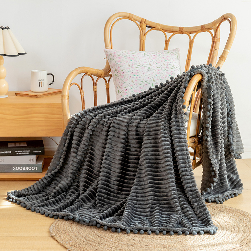 striped tassel ball blanket draw a blanket magic velvet solid color flannel office nap blanket_voghion.com