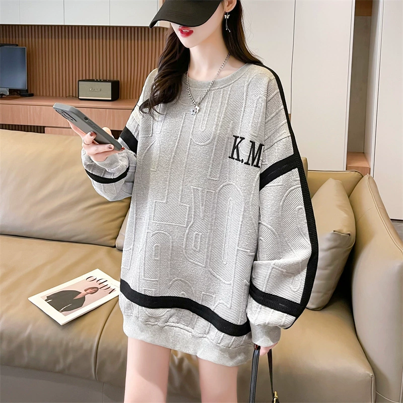 Свитер с круглым вырезом Женский трансграничный жаккардовый осенний свободный длинный рукав больших размеров, европейский и американский уменьшающий возраст тонкий свитер с буквами для похудения