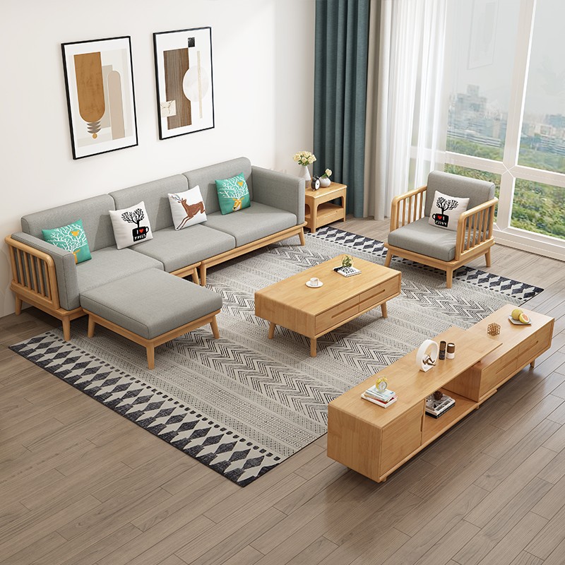 Nordic solid wood sofa small apartment living room wooden fabric sofa set Japanese original wood style Japanese sofa