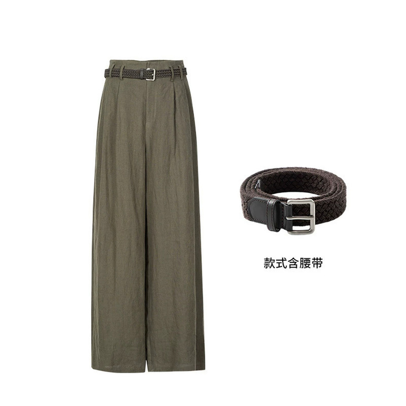 With belt, MM MaiMai 26 early autumn new style, dark army green straight-leg versatile linen casual pants for women 5H7250192 With belt, MM MaiMai 26 early autumn new style, dark army green straight-leg versatile linen casual pants for women 5H7250192