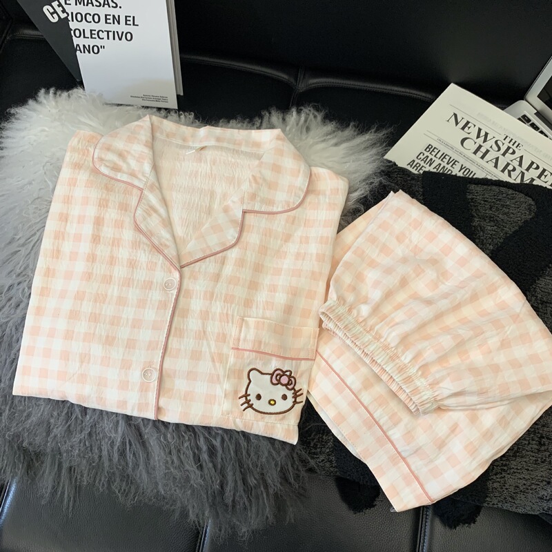 【蓝豹纹凯蒂猫】蓝色豹纹短袖云朵绵三件套褐色领睡衣女夏家居服|undefined
