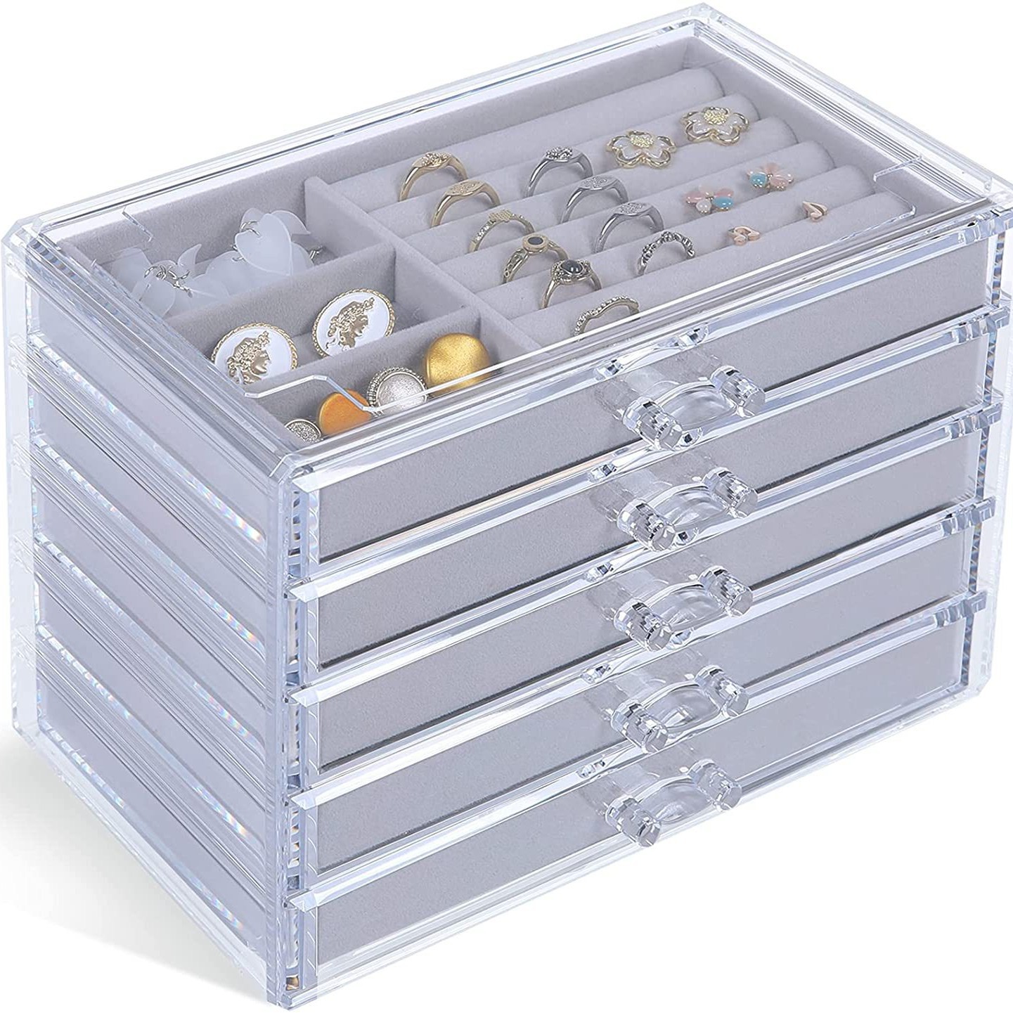 Caja de joyería de franela beige transfronteriza multi-capa de terciopelo placa anillo de acrílico collar oreja compartimiento de joyería caja de joyería de acabado