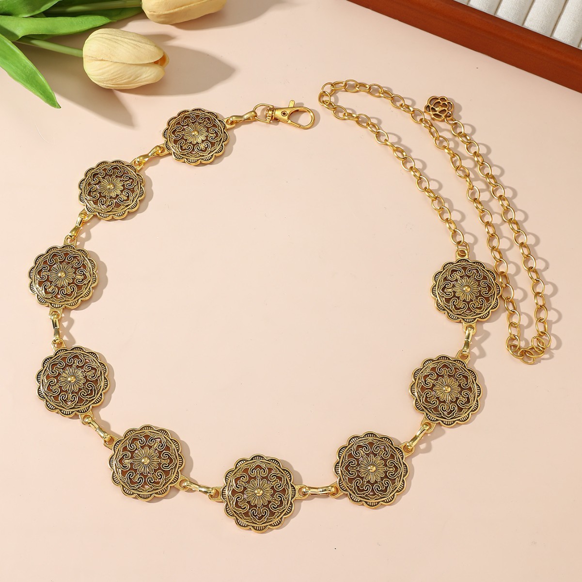 Waist Chain Body Chain European And American Cross-border Vintage Carved Floral Metal Hollow Flower Waist Chain, Women's Decorative Dress_voghion.com