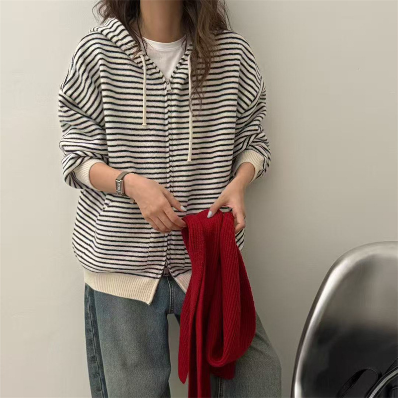 韩系慵懒风宽松休闲拉链连帽毛衣外套女2025秋冬季时尚针织开衫女|undefined