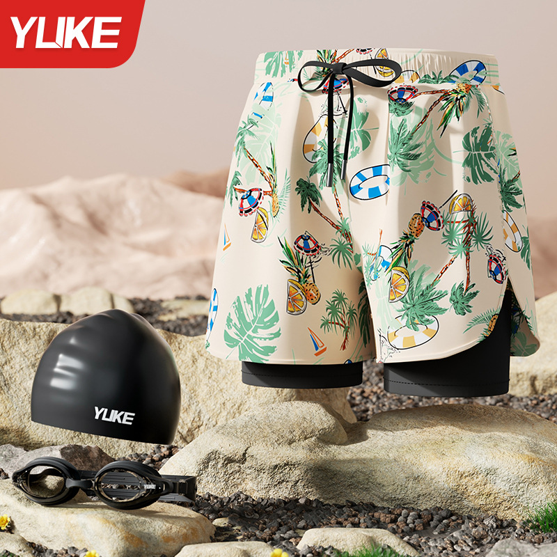 Green three-piece set (swimming trunks + silicone cap + swimming goggles)