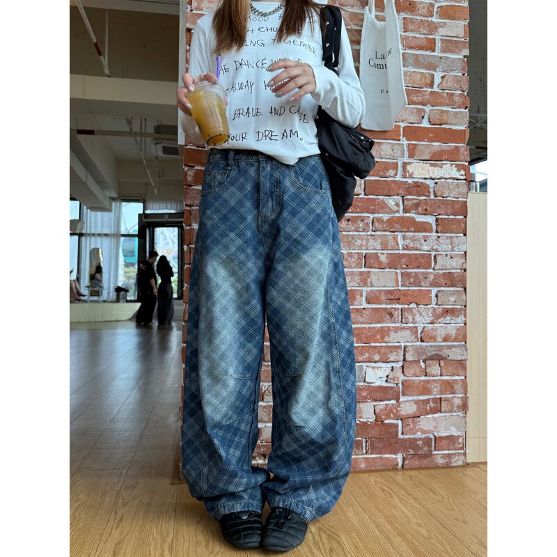 American Retro Plaid Scimitar Jeans for Men and Women, Loose Design, Washed Pleated Casual Style Personalized Trousers Trendy