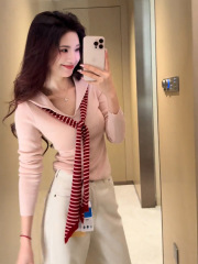 假两件粉色海军领披肩上衣女春秋季韩系穿搭设计感修身短款针织衫