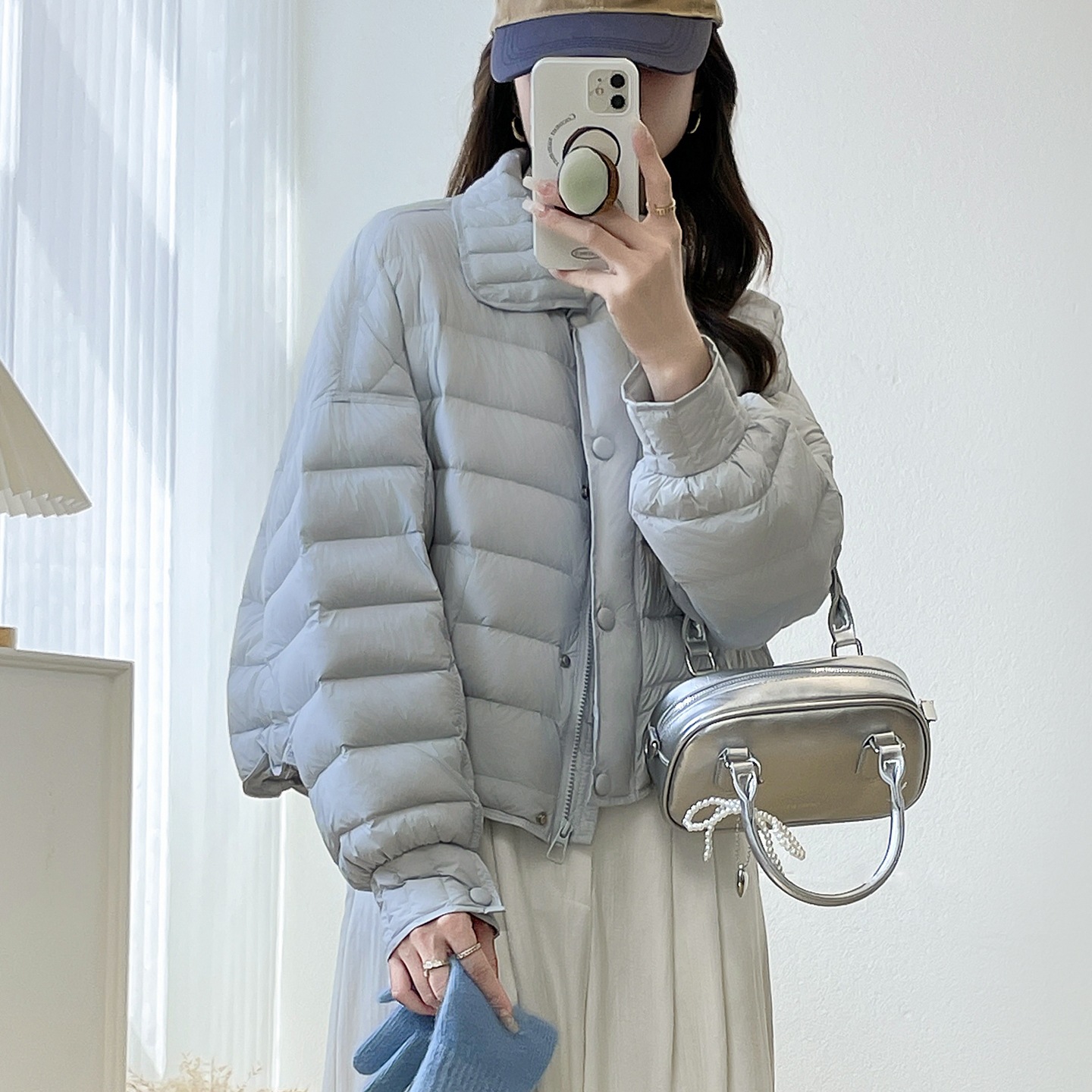 年新款衬衫翻领短款羽绒服女轻薄款新国标白鸭绒小个子外套雾霾蓝