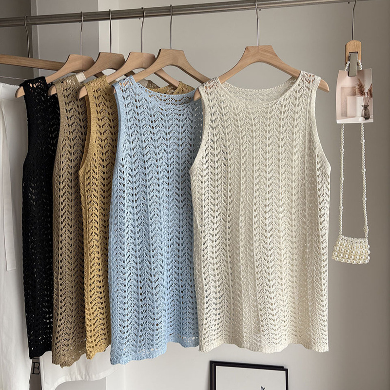 [Light Oxygen] 2026 Spring/Summer New Korean Style Round Neck Hollow Out Mid-Length Vest for Women Versatile Sleeveless Knitted Top 6392