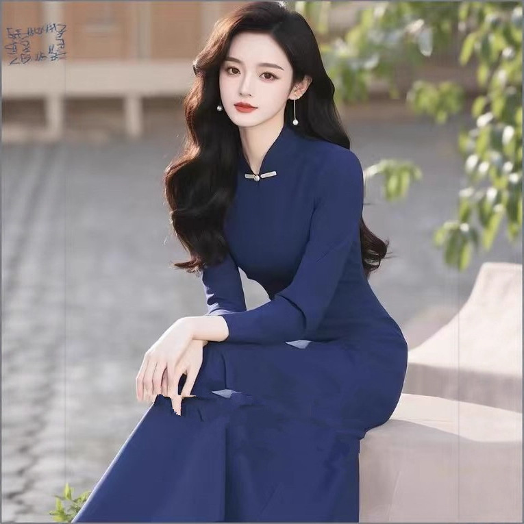 Autumn New Chinese Style Improved Cheongsam Women's Classy Exquisite High-End Dignified and Elegant Blue Button Dress