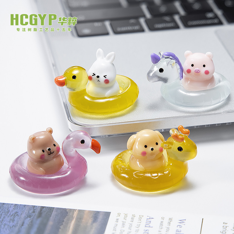 Micro Landscape Creative Luminous Swimming Ring Animal Fish Tank Landscaping Small Ornaments Transparent Duck Swimming Ring Resin Crafts