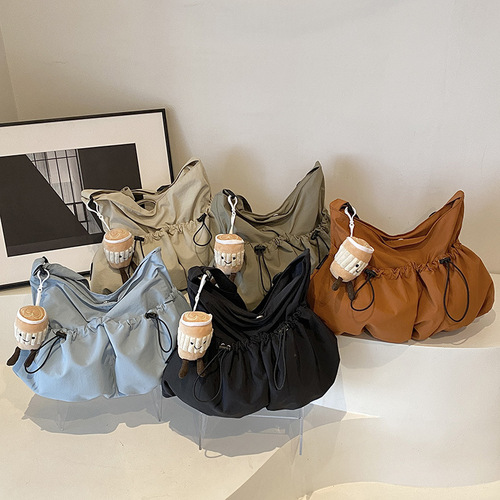 Work style crossbody bag women's trendy brand ins solid color simple drawstring bucket bag large capacity student casual shoulder bag