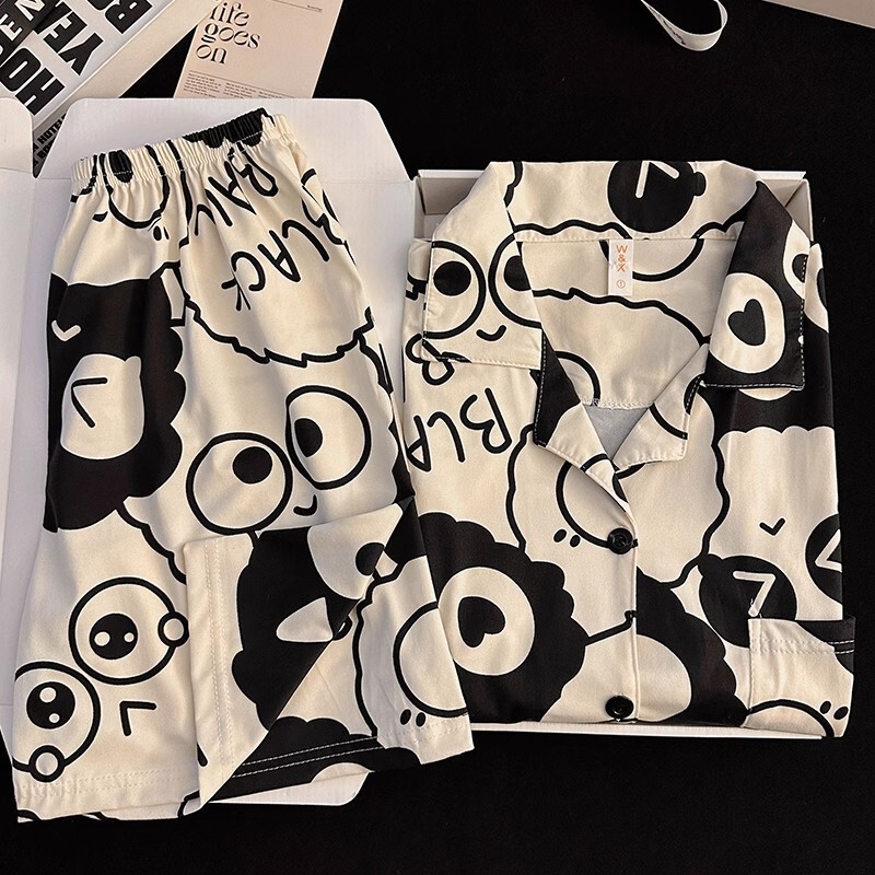 Summer Full-Print Cartoon Briquettes Cute Boys' Pajamas Men's Pure Cotton Junior High School Students Short-Sleeved Three-Piece Suit Home Clothes