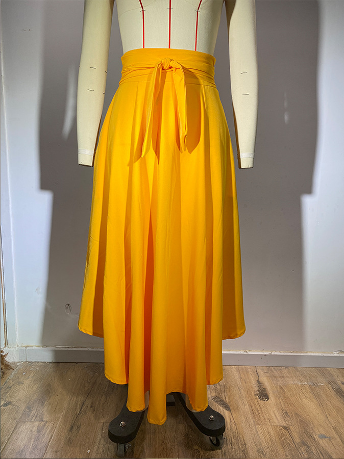 Women's Solid Colour Lace-up Midi Skirt Elegant Summer Fashion_voghion.com