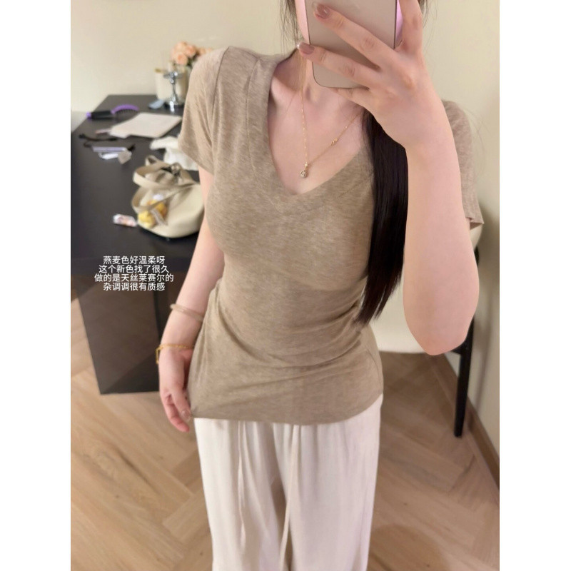 收腰显瘦V领正肩短袖面料柔软舒服百搭经典基础打底内搭修身|undefined